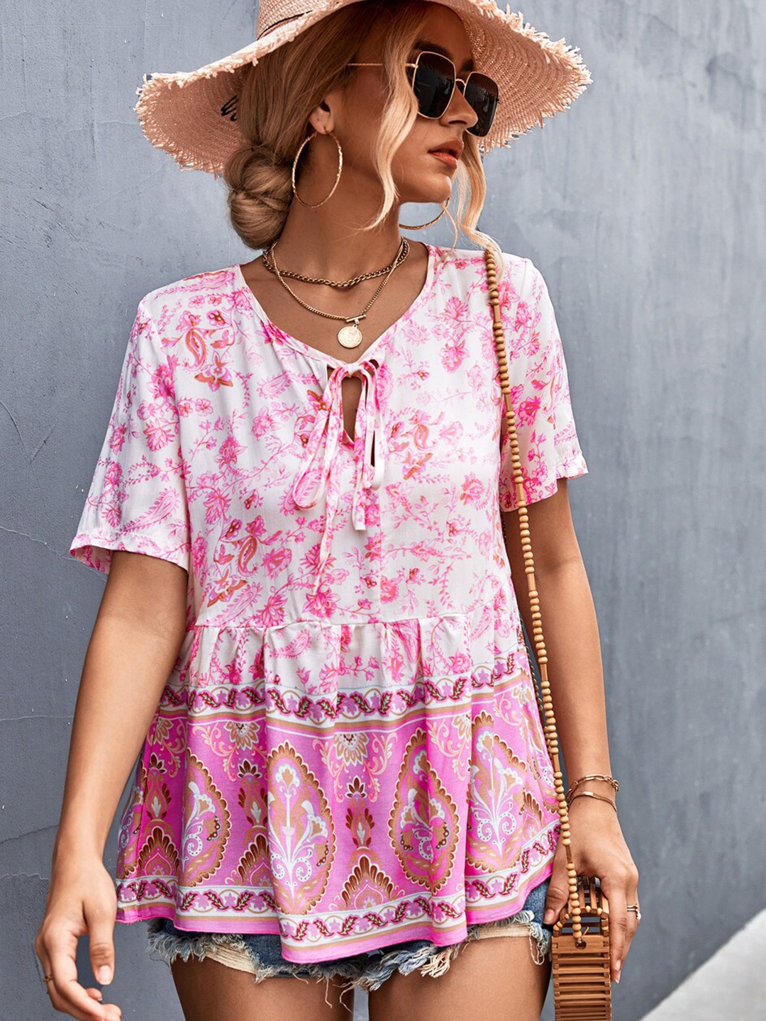 

BoStreet Pink Floral Print Tie-Up Neck Bohemian Top