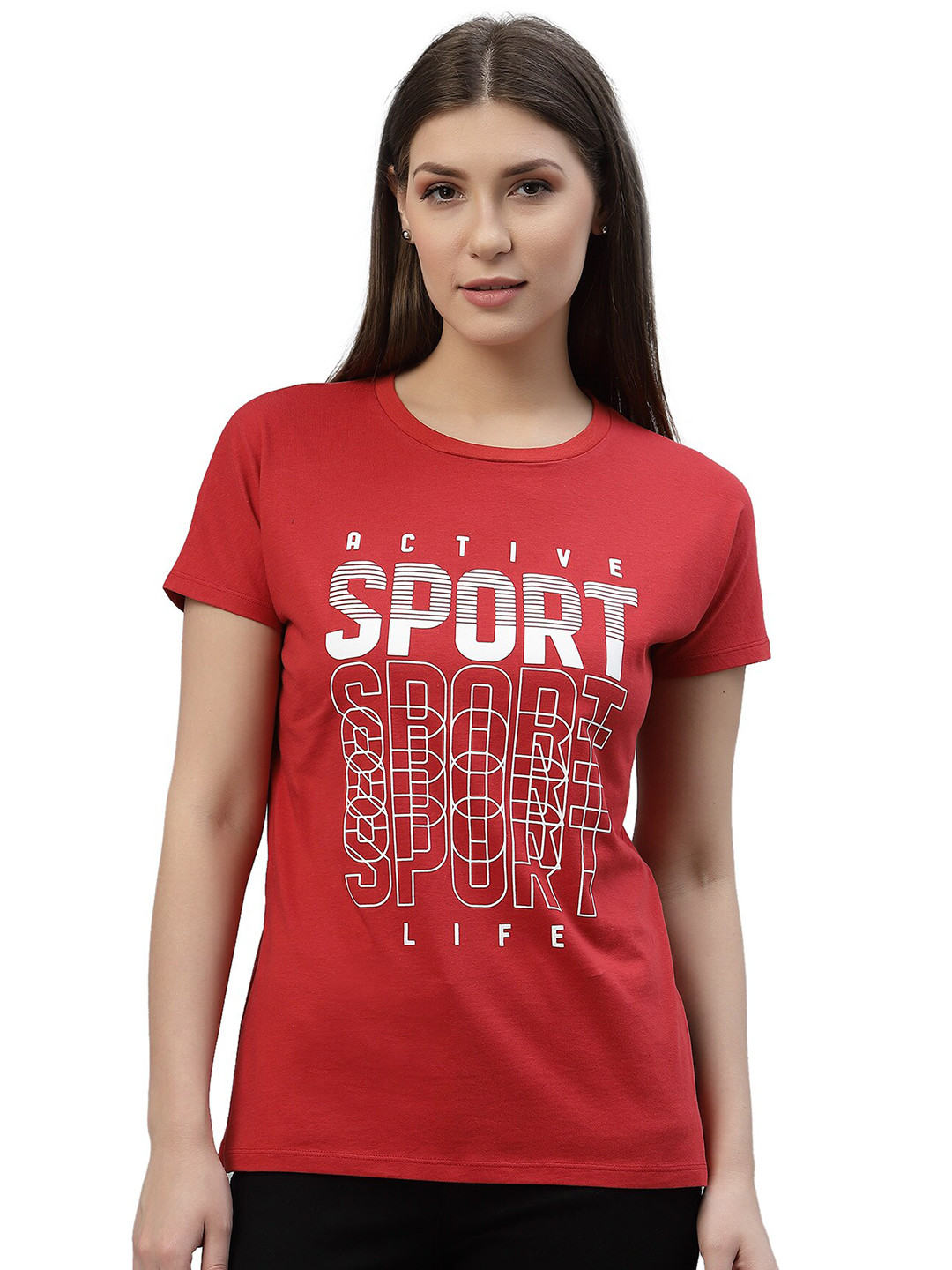 

Nimble Women Red Typography Printed Extended Sleeves T-shirt