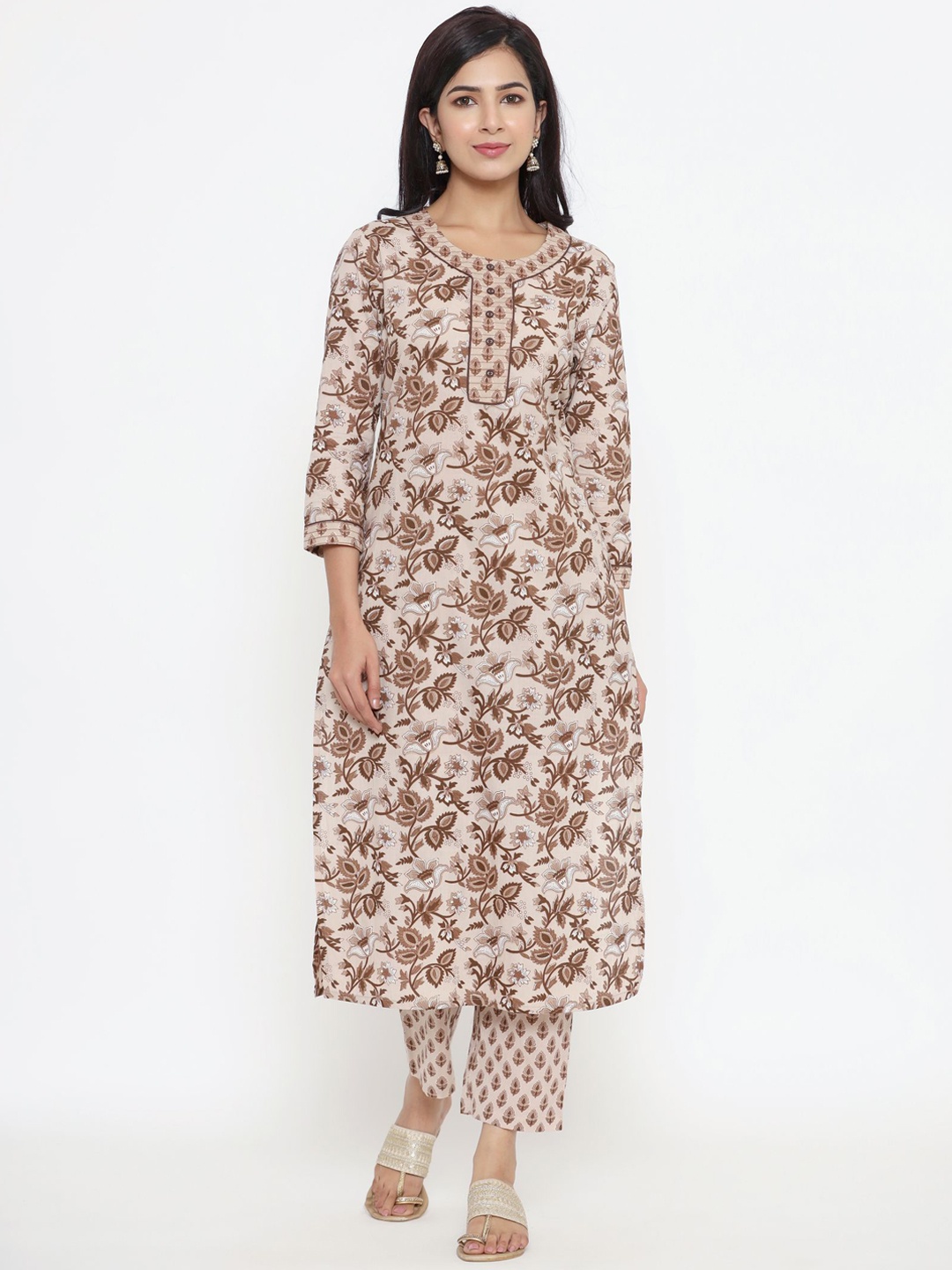 

Sutidora Women Brown Floral Printed Pure Cotton Kurti with Trousers