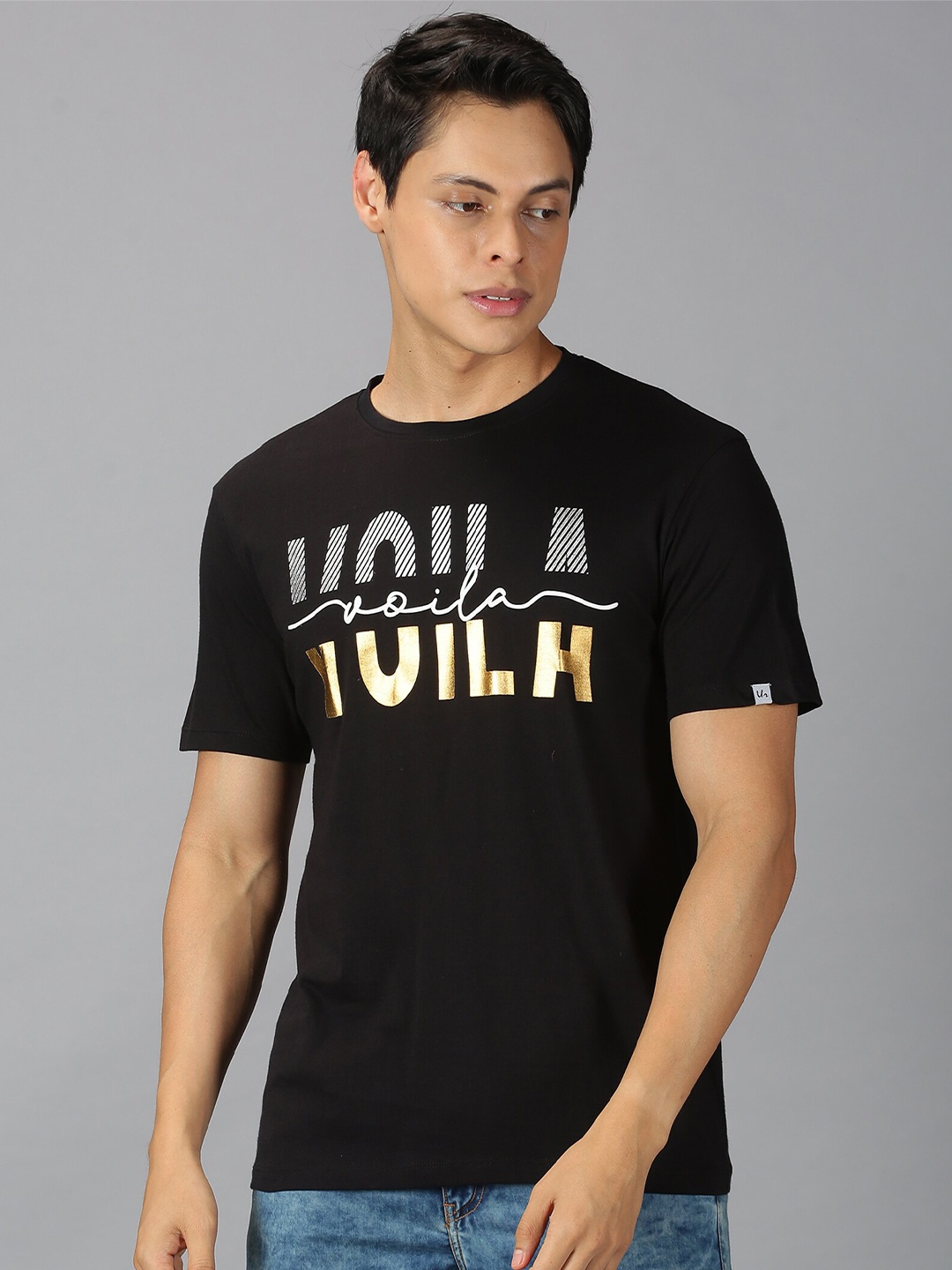 

UrGear Men Black Typography Printed Applique T-shirt