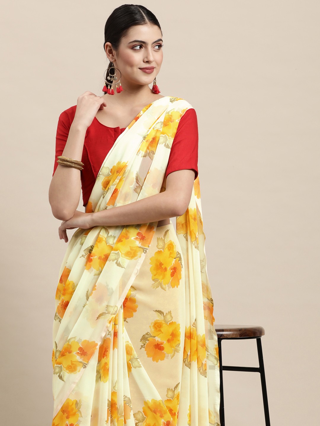 

KALINI Off White & Yellow Floral Print Pure Georgette Saree