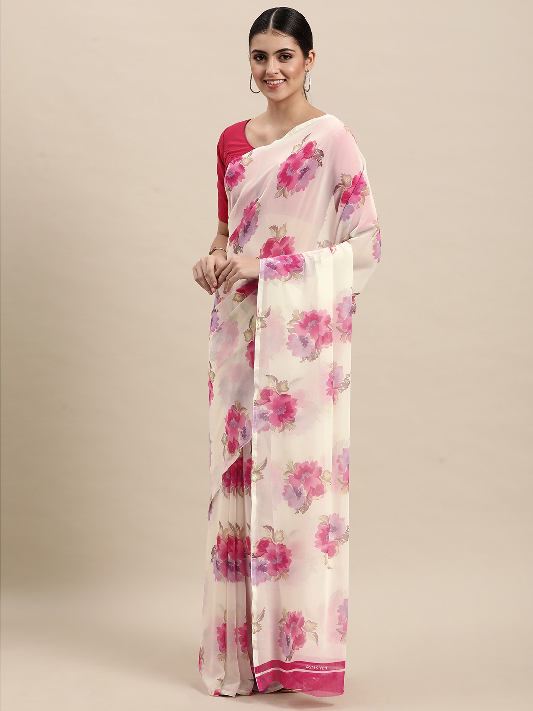

KALINI Off White & Pink Floral Print Pure Georgette Saree