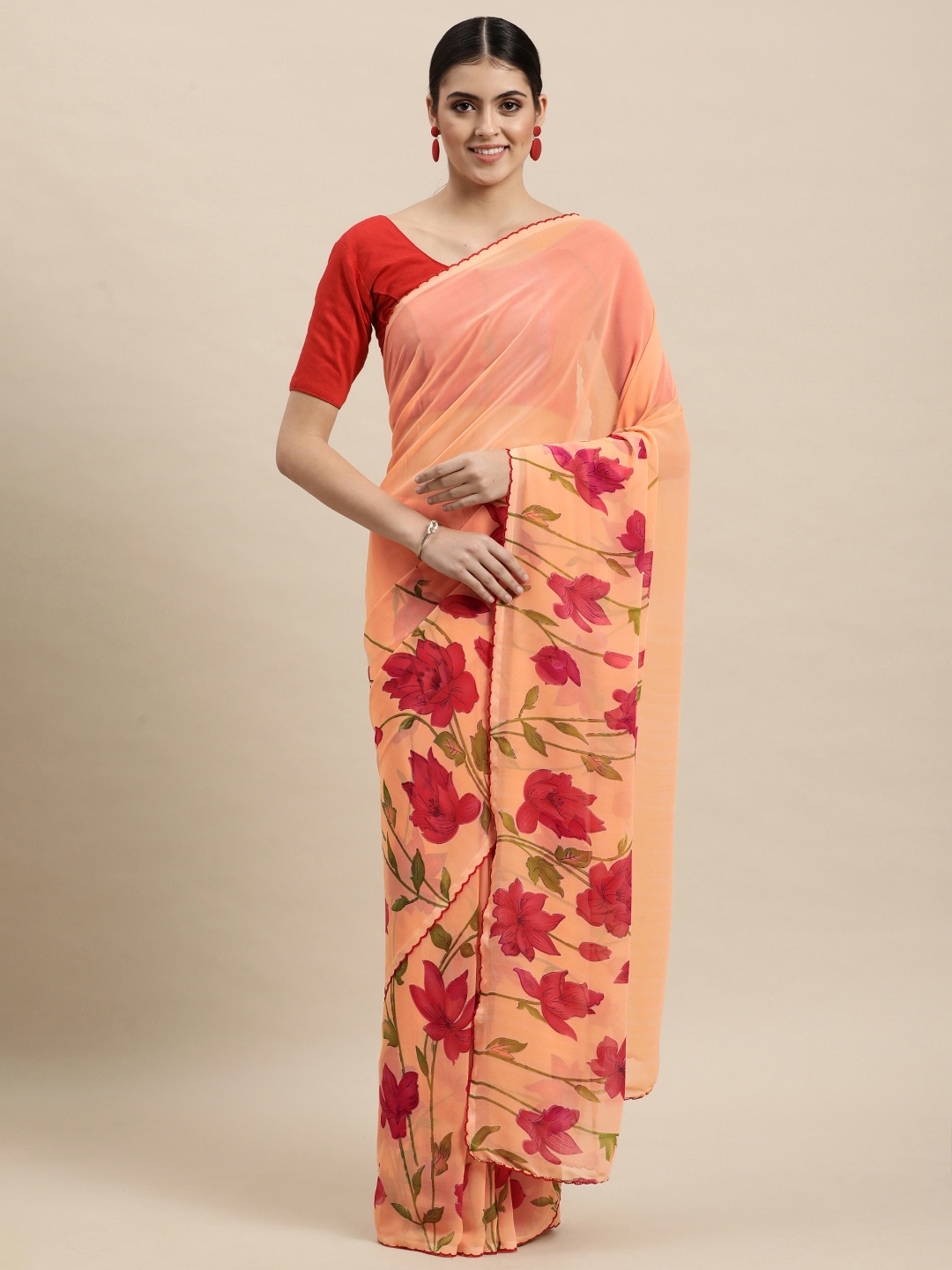 

KALINI Peach-Coloured & Red Floral Print Pure Georgette Saree