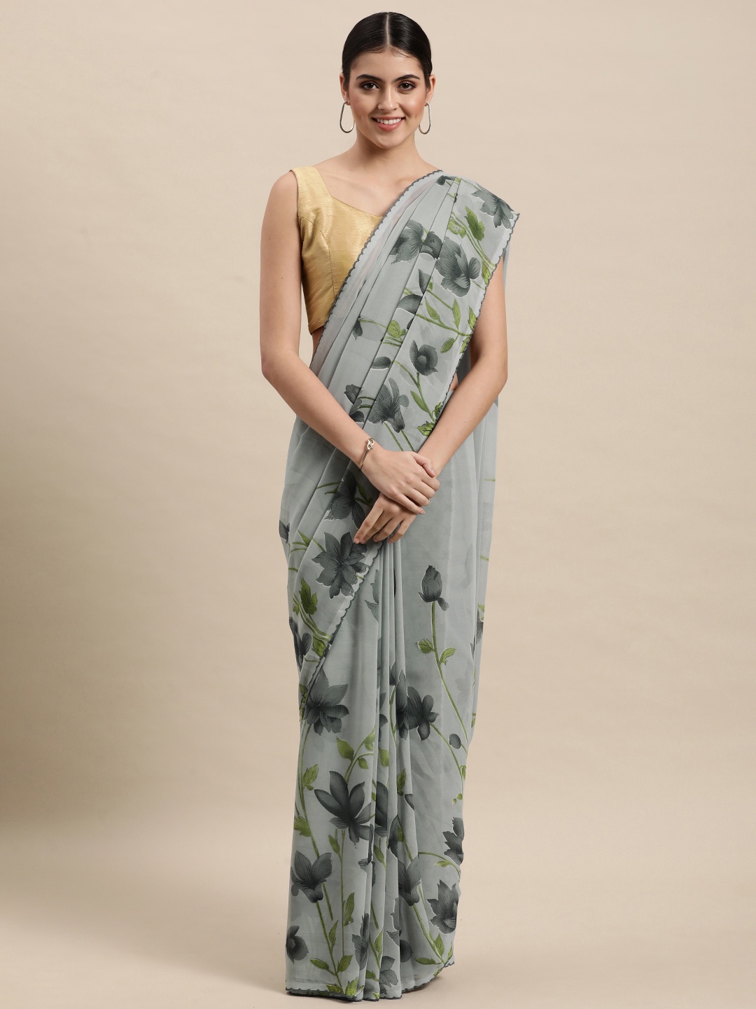 

KALINI Grey Floral Print Pure Georgette Saree
