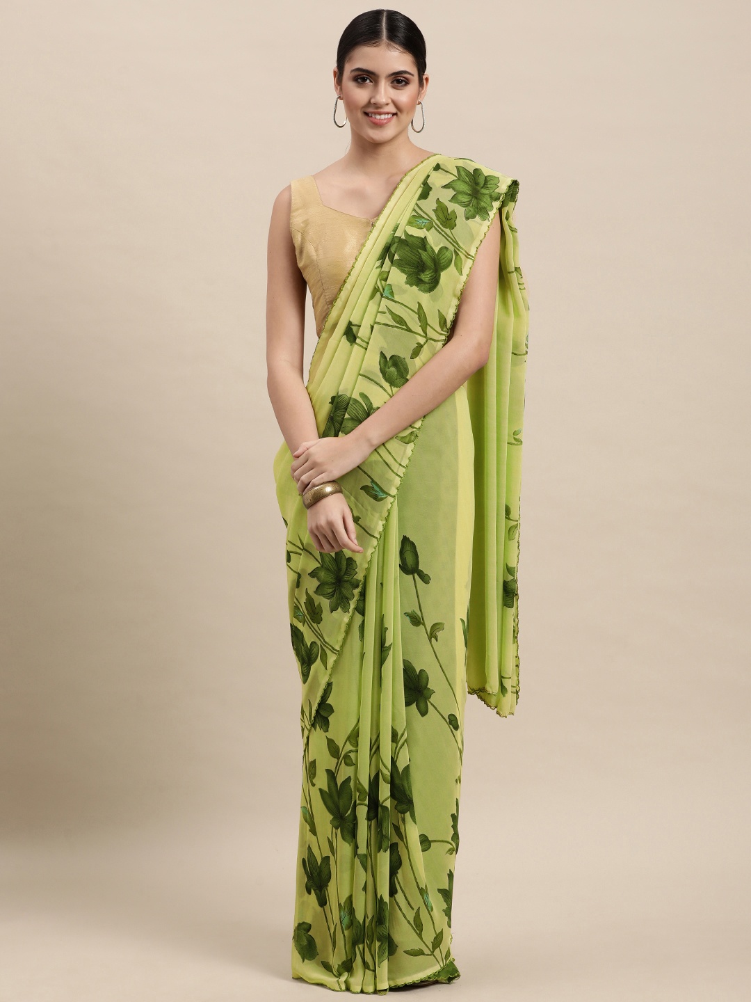 

KALINI Green Floral Print Pure Georgette Saree