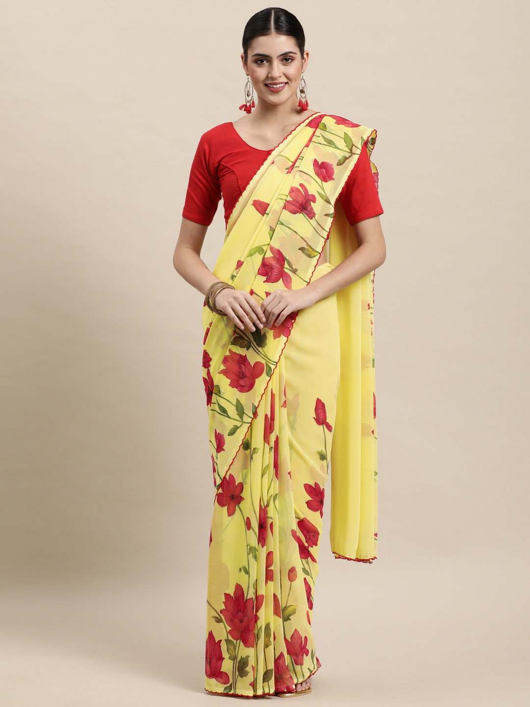 

KALINI Yellow & Red Floral Print Pure Georgette Saree