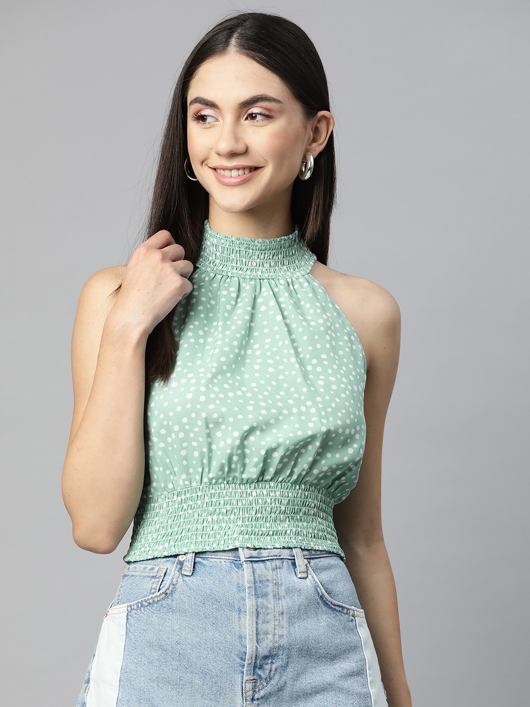 

SIRIKIT Green & White Geometric Print Smocked Crop Top