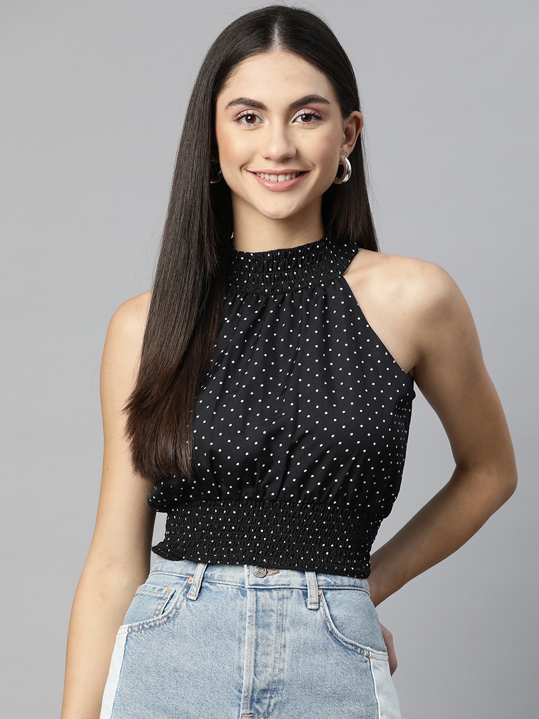 

SIRIKIT Black & White Polka Dots Print Smocked Crop Top