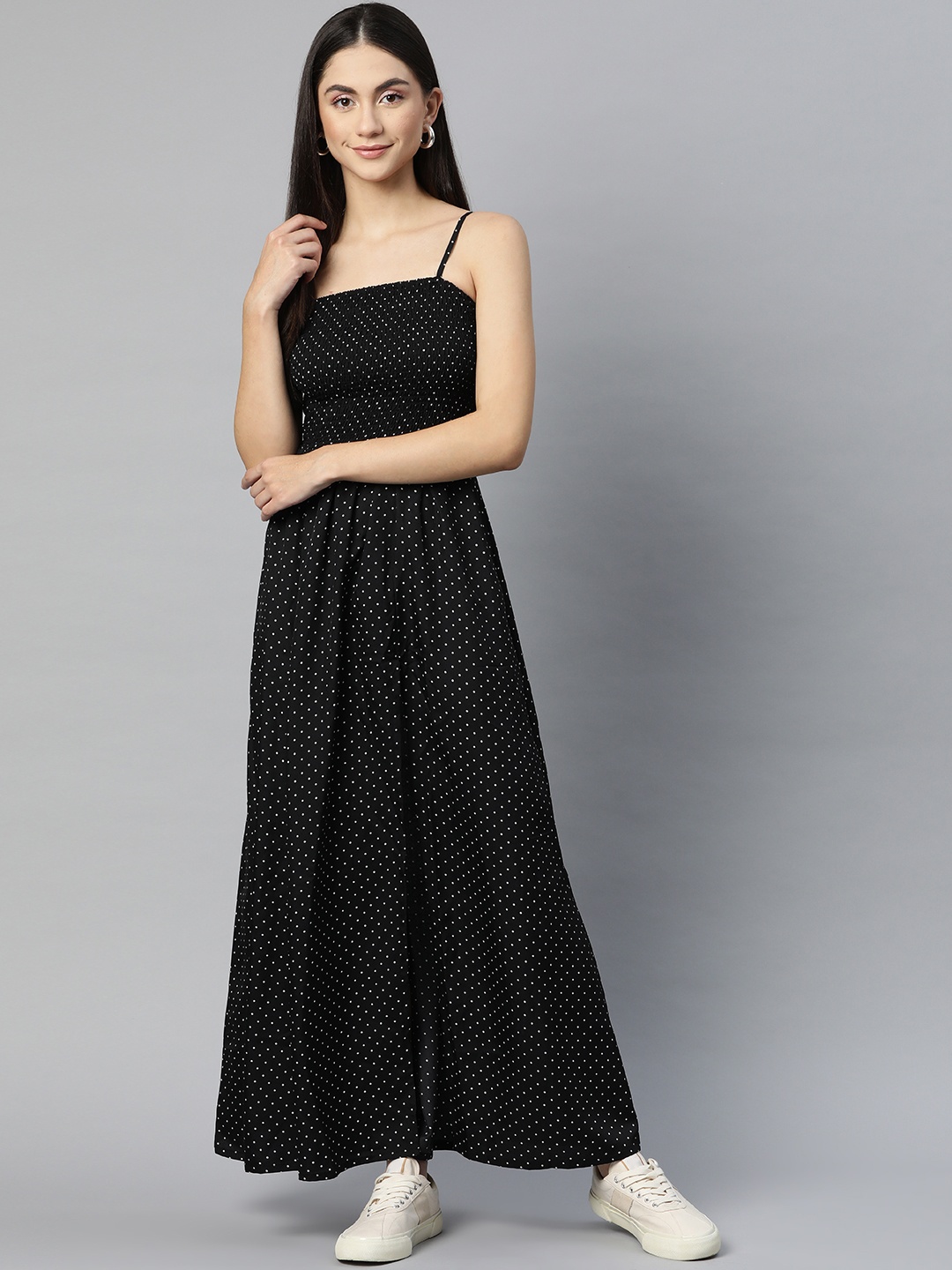 

SIRIKIT Black Polka Dots Print Smocked A-Line Maxi Dress