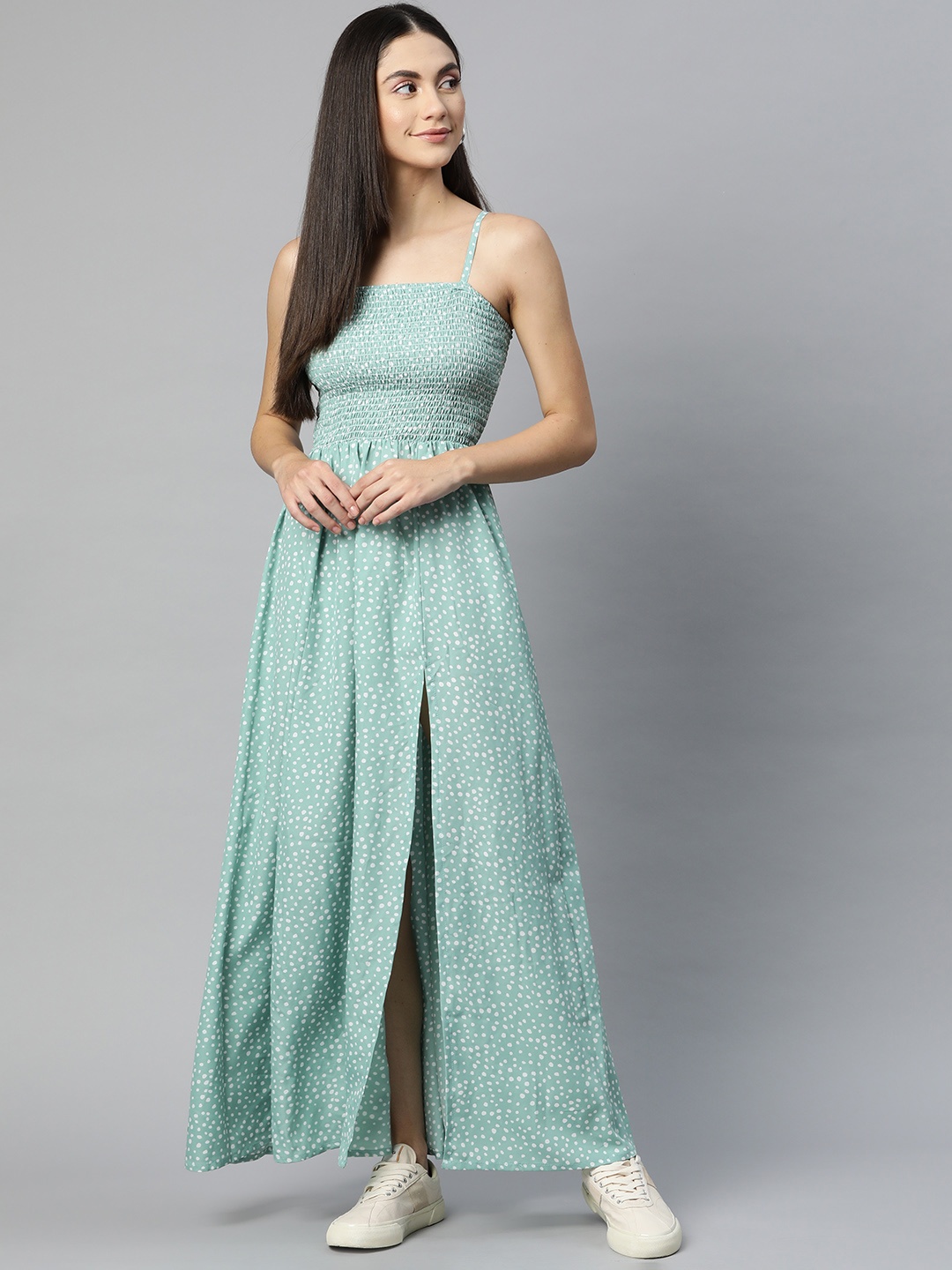 

SIRIKIT Women Green & White Geometric Print Smocked A-Line Maxi Dress