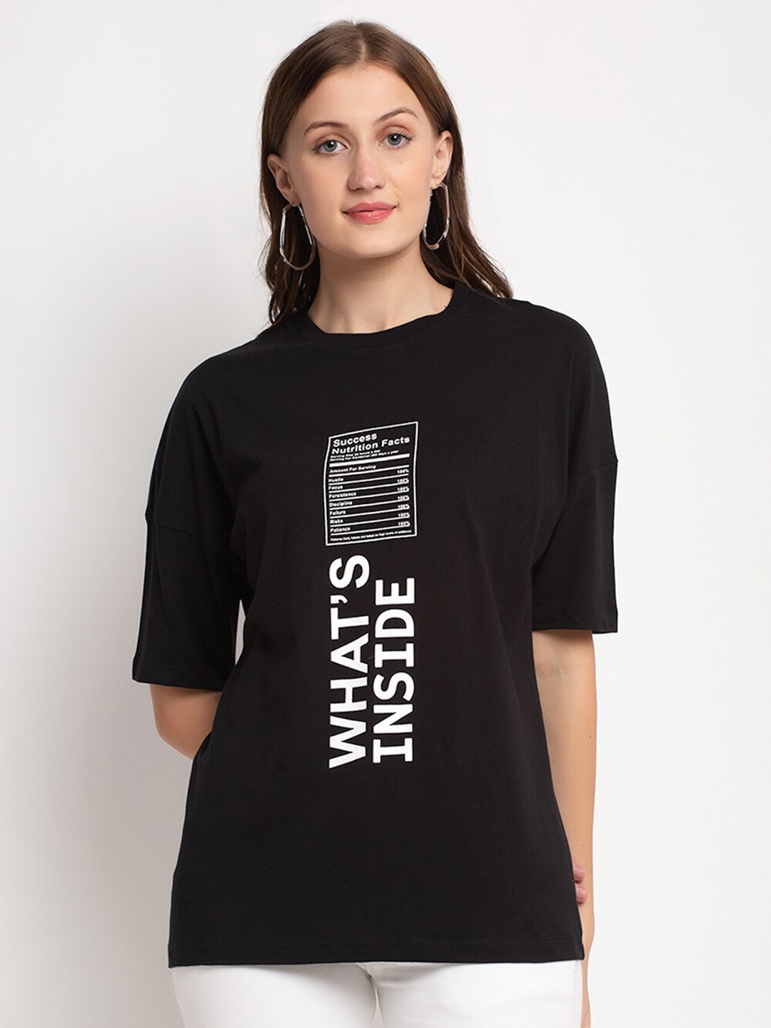 

DOOR74 Women Black Typography Printed Drop-Shoulder Sleeves Raw Edge T-shirt