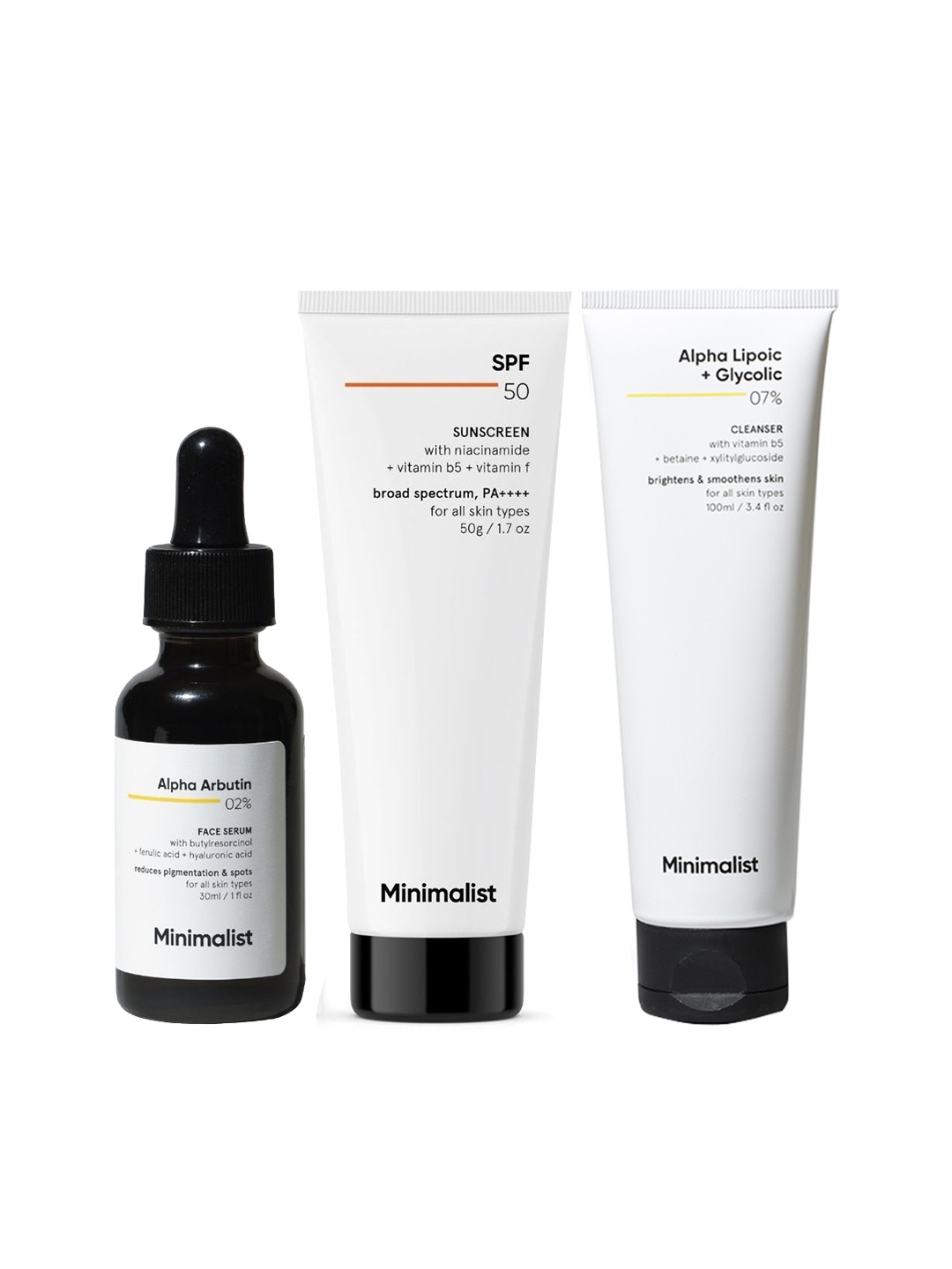 

Minimalist Dark Spots Solution-Face Serum 30ml+Sunscreen 50ml+Brightening Face Wash 100ml, White