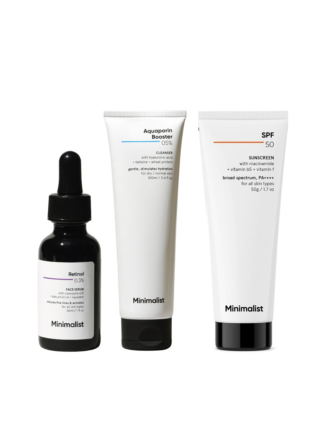 

Minimalist Anti Aging Solution-Face Serum 30ml+Sunscreen 50ml+Face Wash 100ml, White