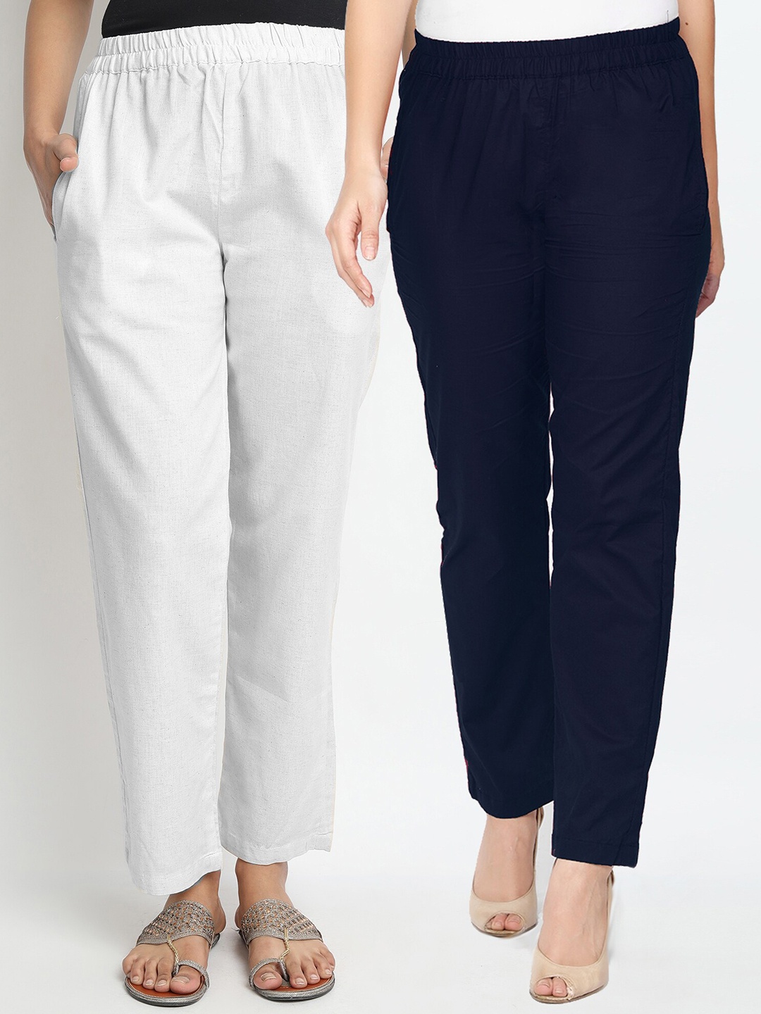 

Molcha Women Blue & White Pack of 2 Solid Palazzos, Navy blue