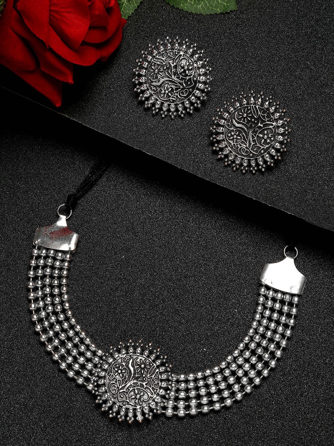 

Celena Cole Oxidised Silver-Toned & Design Detailed Jewellery Set