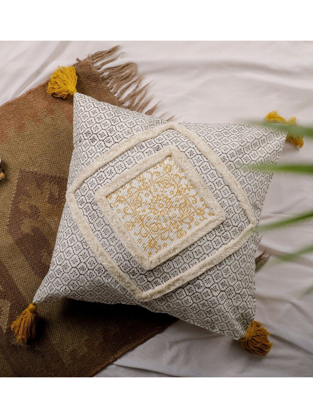 

Jaipur Folk Cream-Coloured & Yellow Embroidered Square Cushion Covers