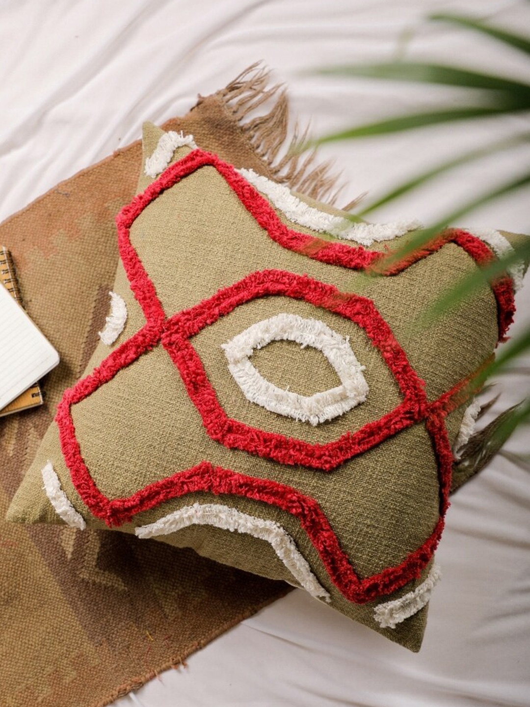 

Jaipur Folk Olive Green & White Embroidered Square Cushion Covers