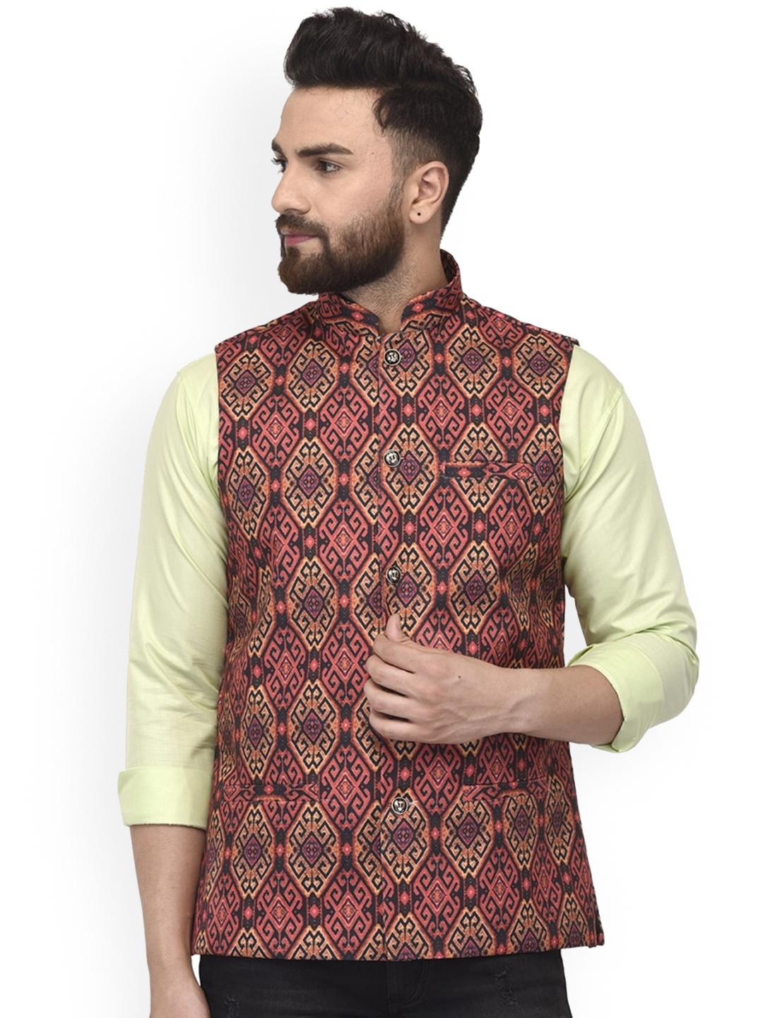 

Benstoke Men Red & Black Printed Woven Nehru Jacket