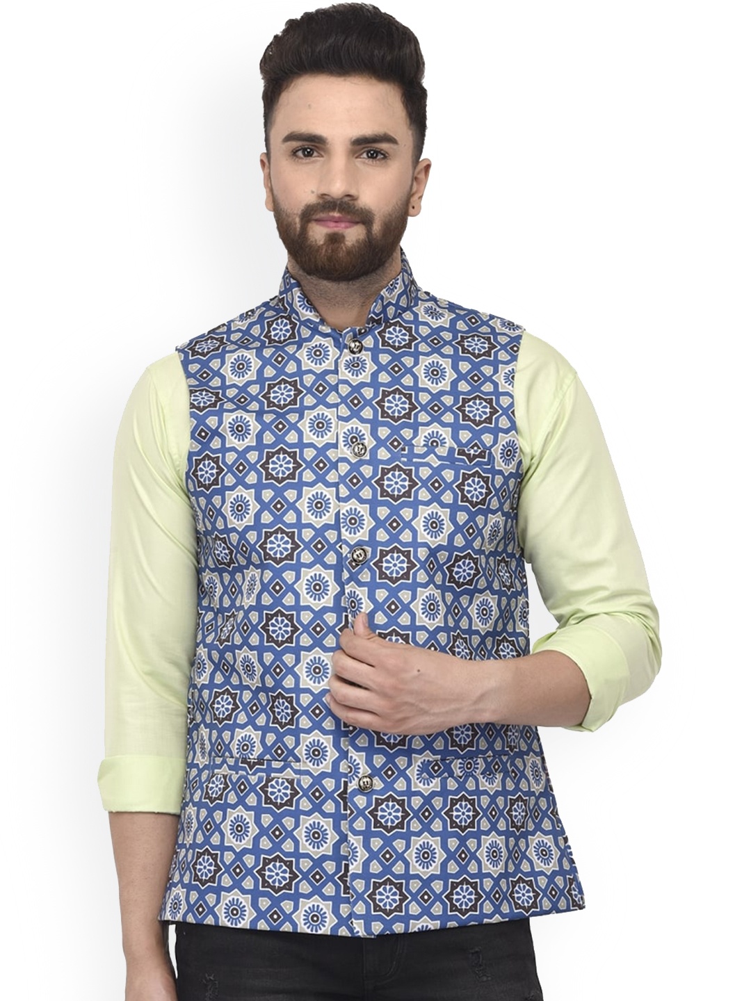 

Benstoke Men Blue & Grey Printed Woven Nehru Jacket