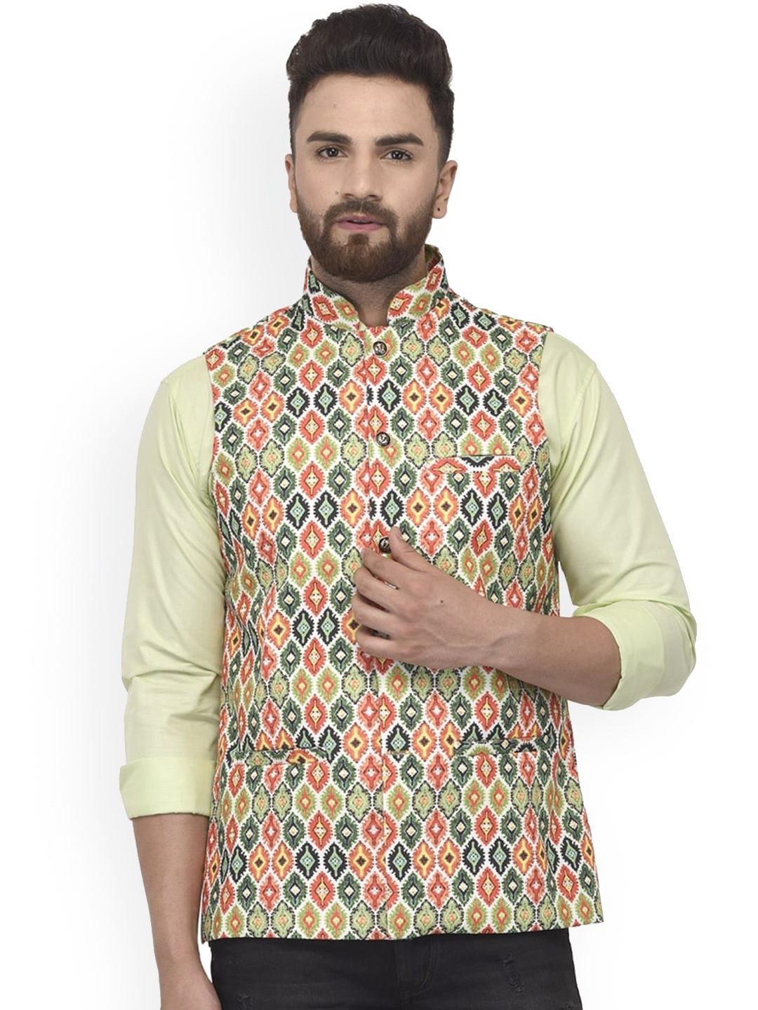 

Benstoke Men Green & Red Printed Woven Nehru Jacket