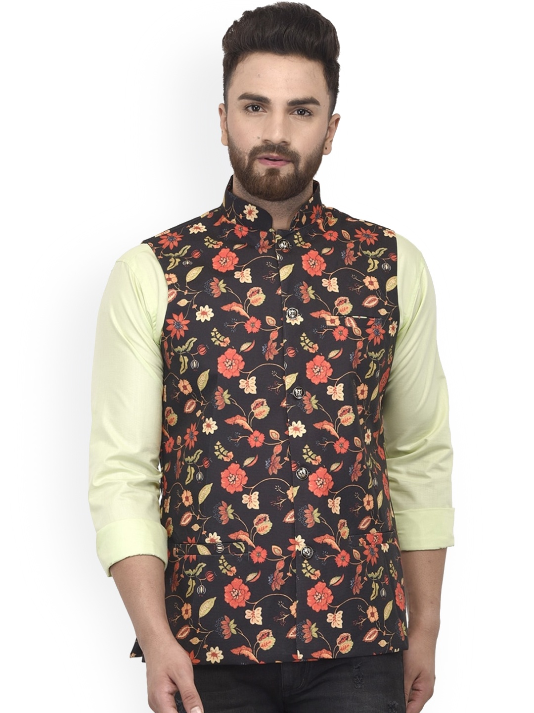 

Benstoke Men Black & Red Printed Nehru Jacket
