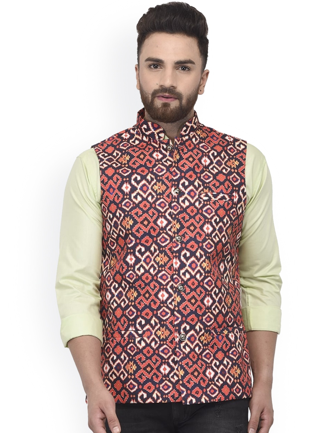 

Benstoke Men Orange & Black Printed Woven Nehru Jackets