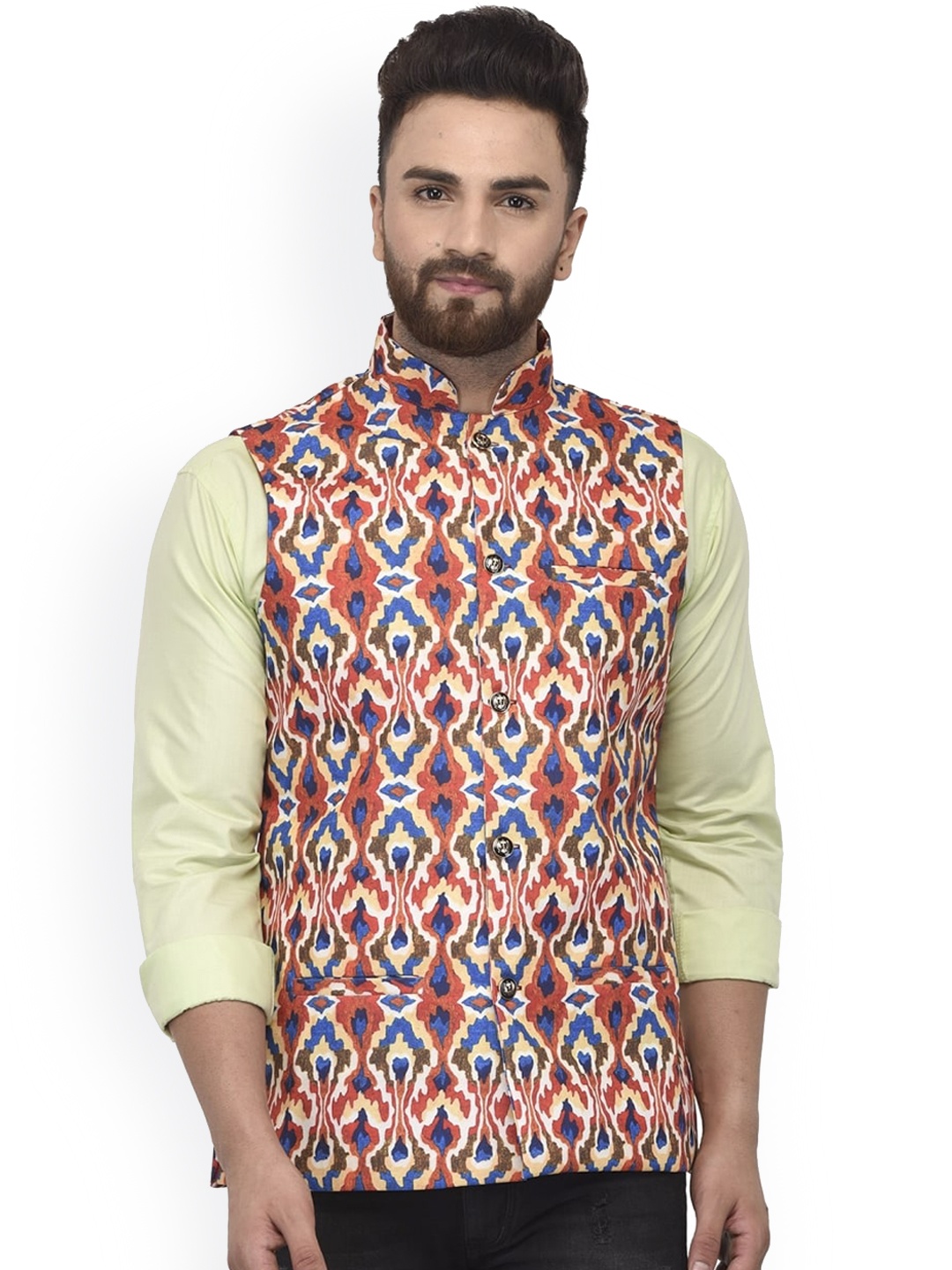 

Benstoke Men Red & Beige Printed Nehru Jackets