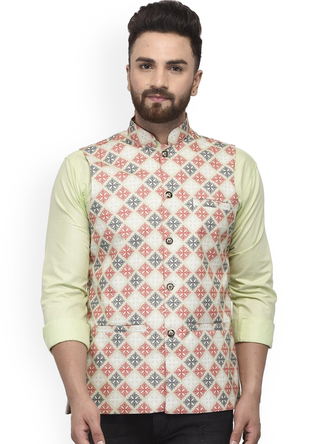 

Benstoke Men Beige Printed Nehru Jackets