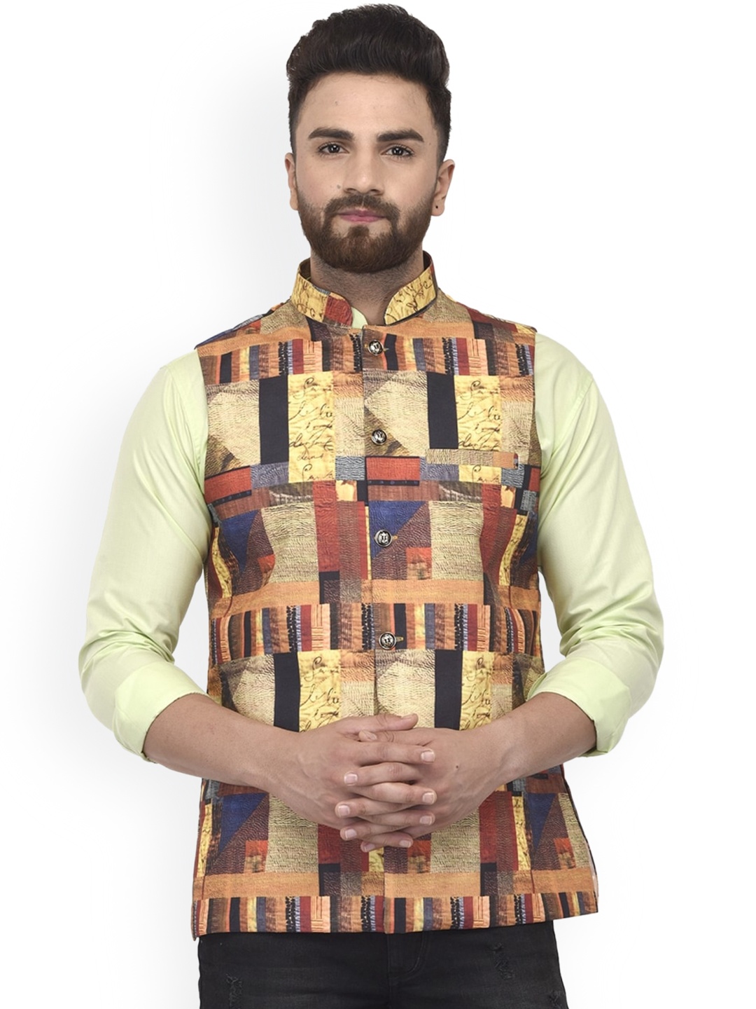 

Benstoke Men Multi-Coloured Printed Satin Nehru Jacket