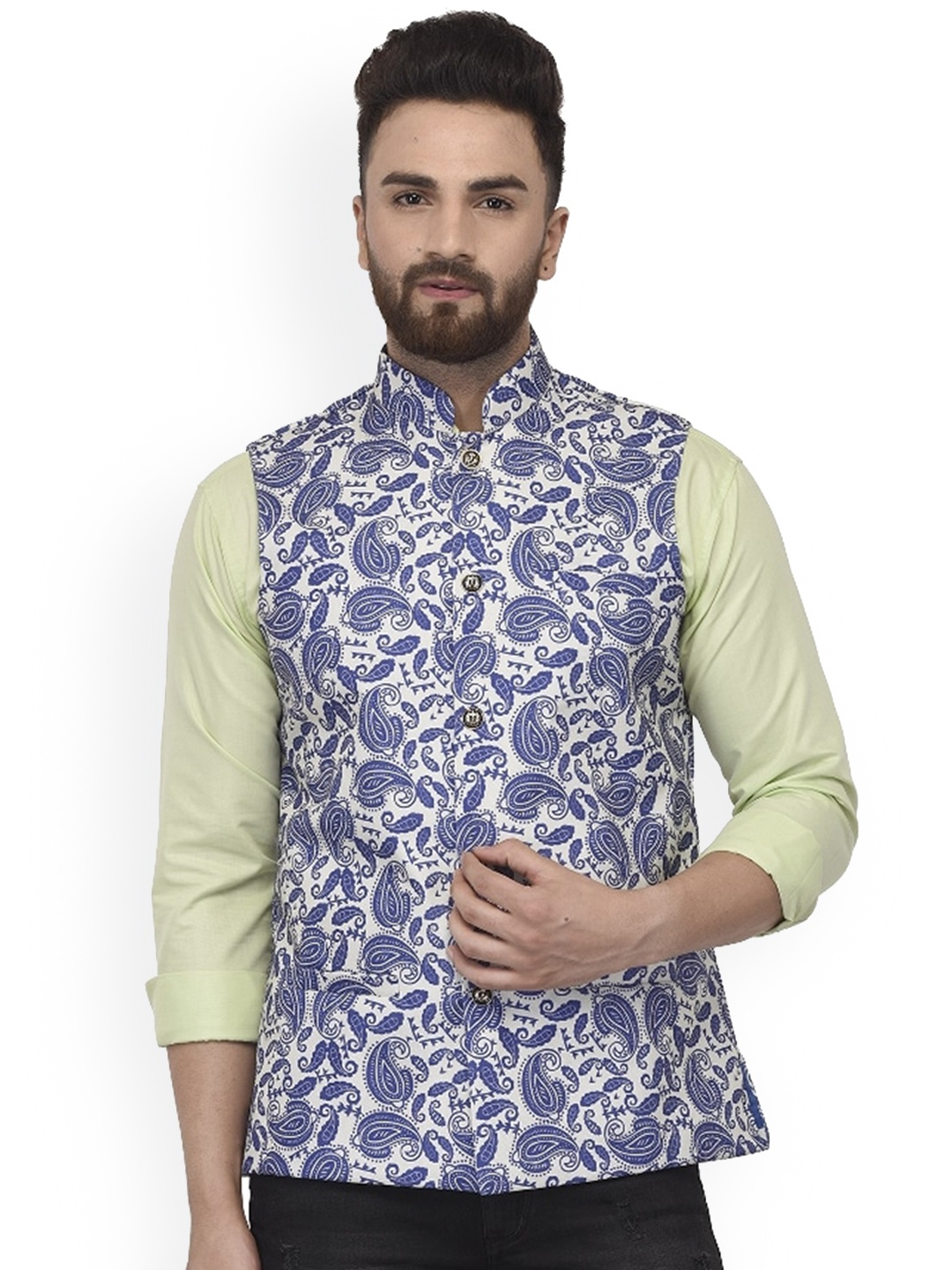 

Benstoke Men Blue & White Printed Nehru Jackets