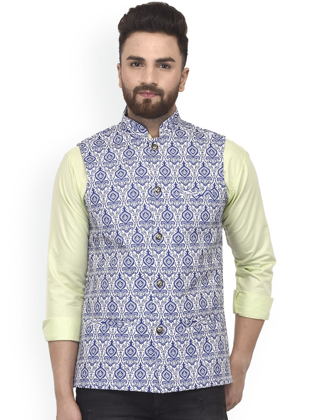 

Benstoke Men Blue & White Printed Nehru Jackets