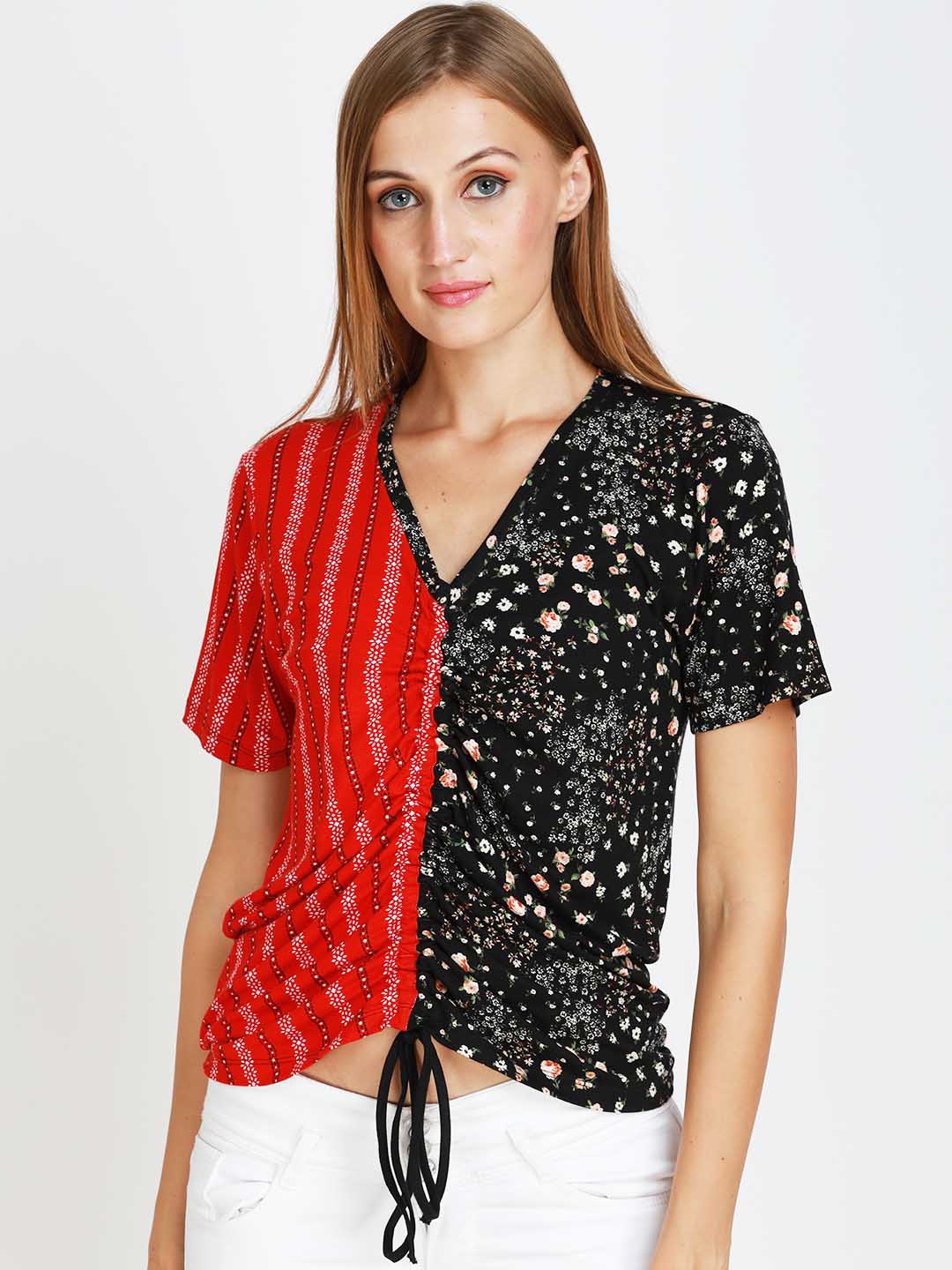 

angloindu Women Red Floral Printed V-Neck Extended Sleeves T-shirt