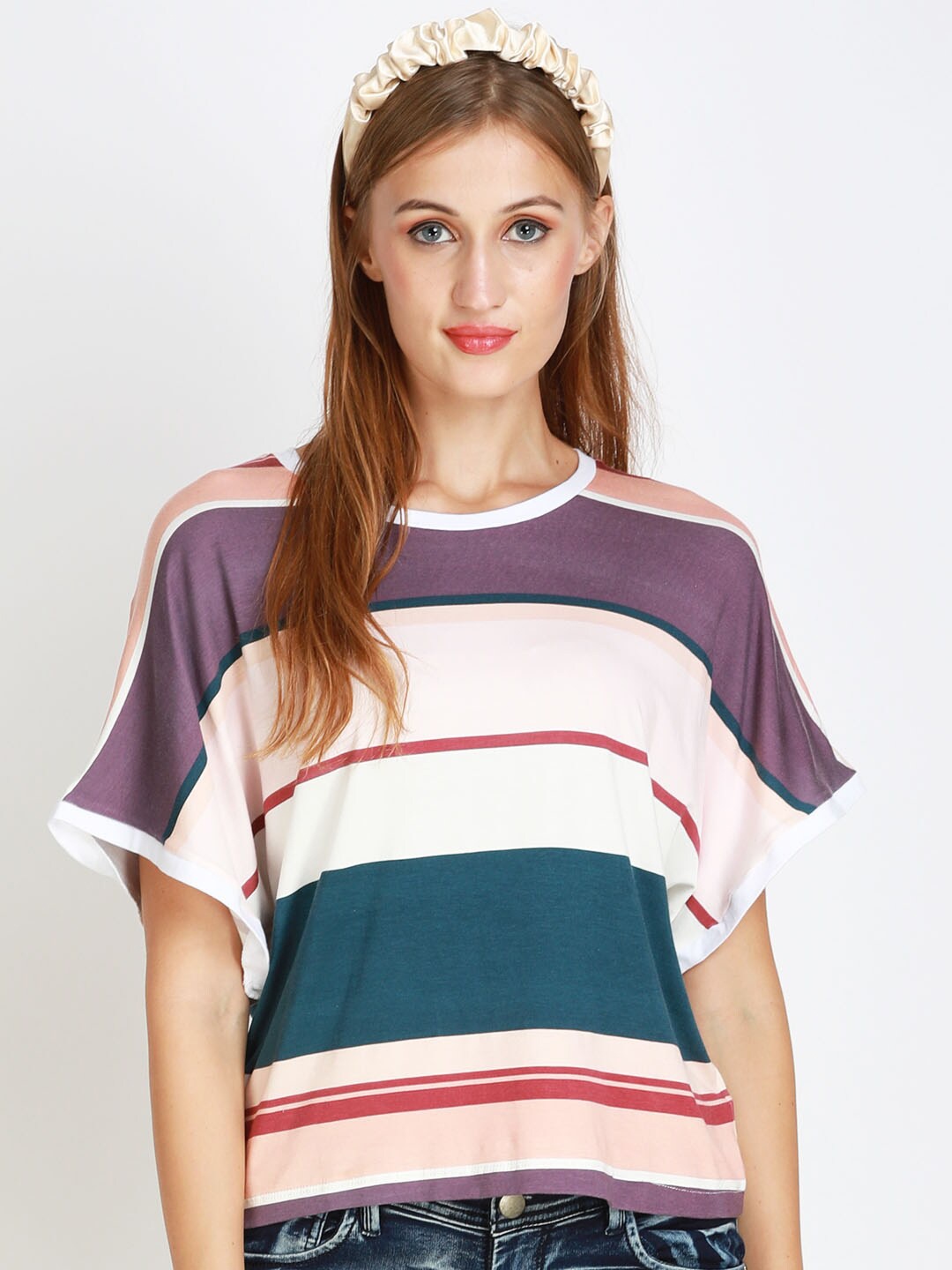 

angloindu Women White Striped Boxy T-shirt