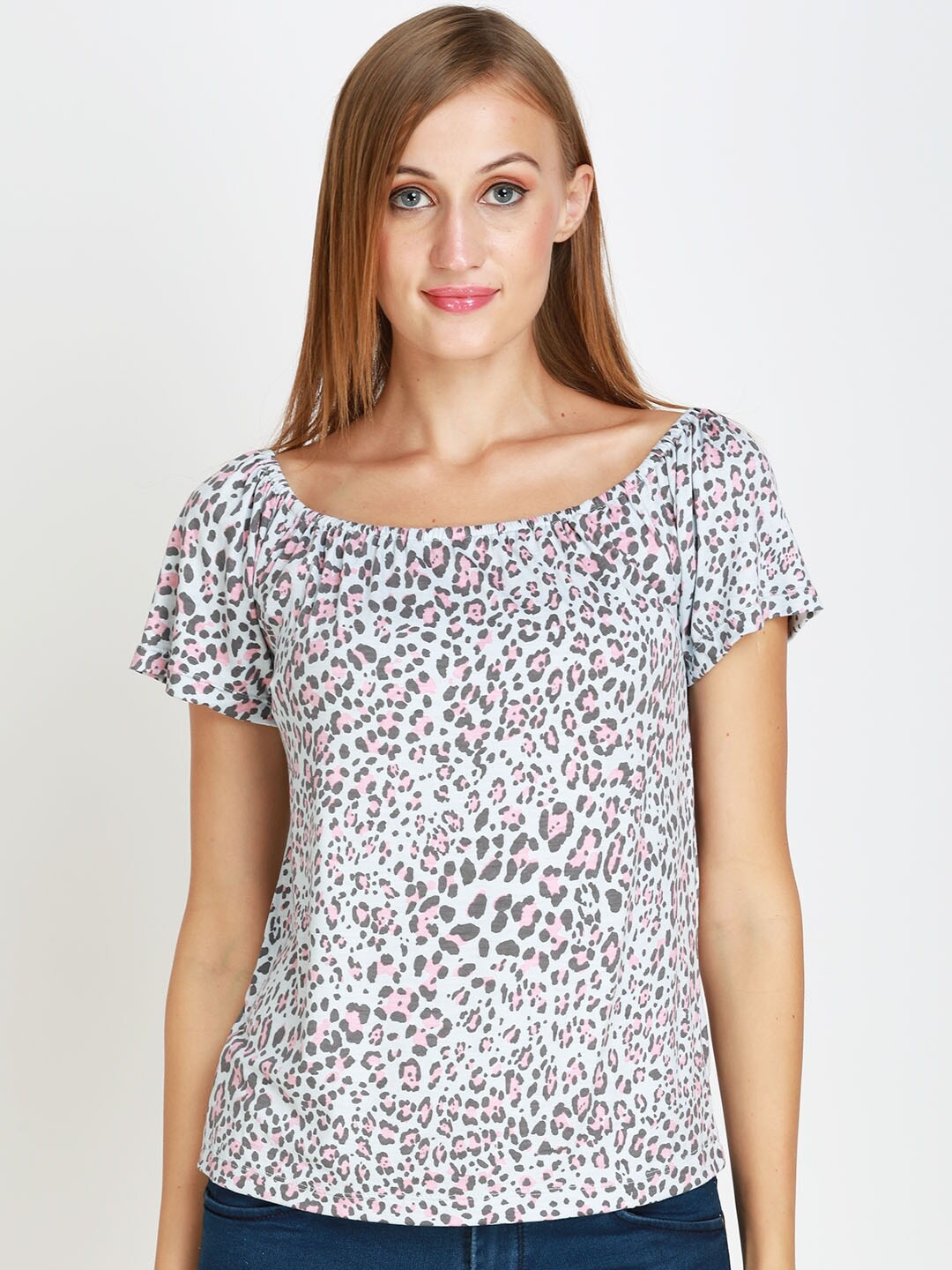 

angloindu Women Blue Floral Printed Extended Sleeves T-shirt