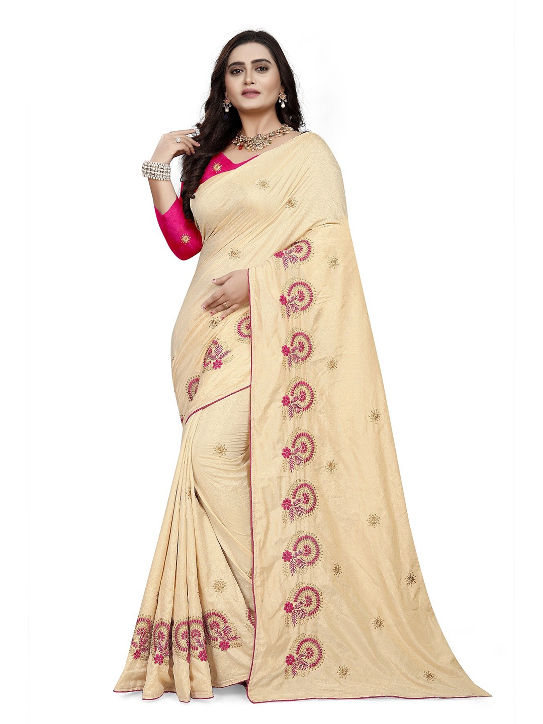 

KALINI Off White & Pink Floral Embroidered Silk Blend Jamdani Saree