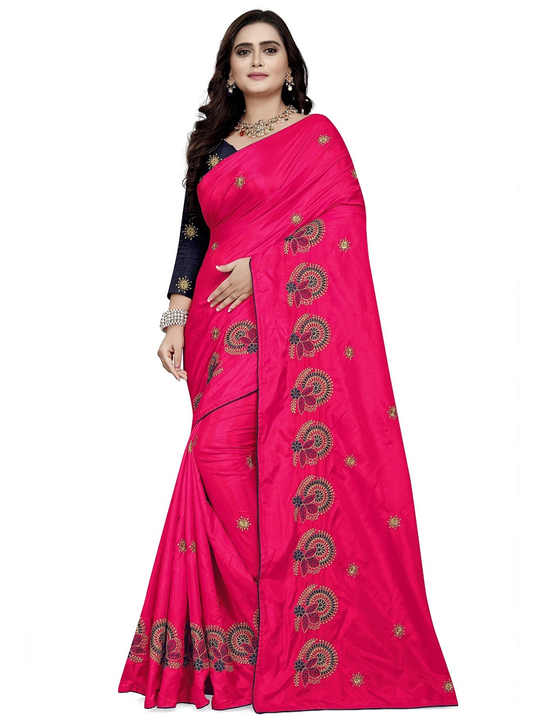 

KALINI Pink & Blue Floral Embroidered Silk Blend Jamdani Saree