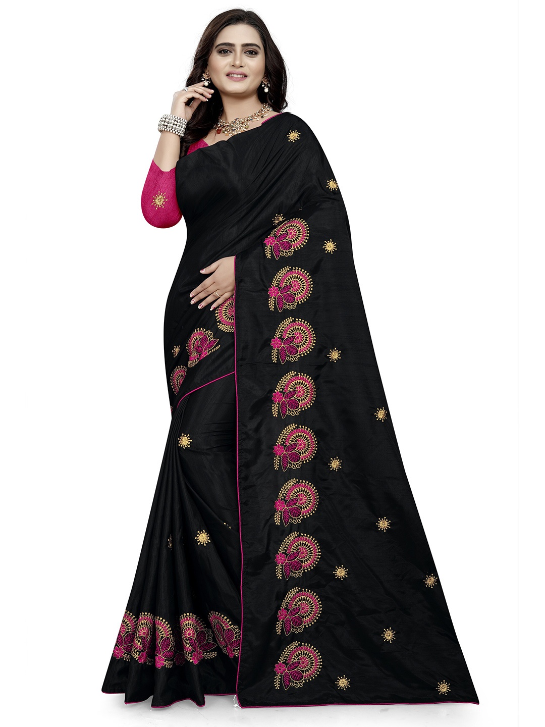 

KALINI Black & Pink Floral Embroidered Silk Blend Jamdani Saree