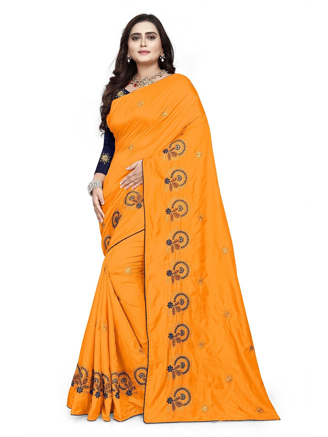 

KALINI Yellow & Blue Floral Embroidered Silk Blend Jamdani Saree