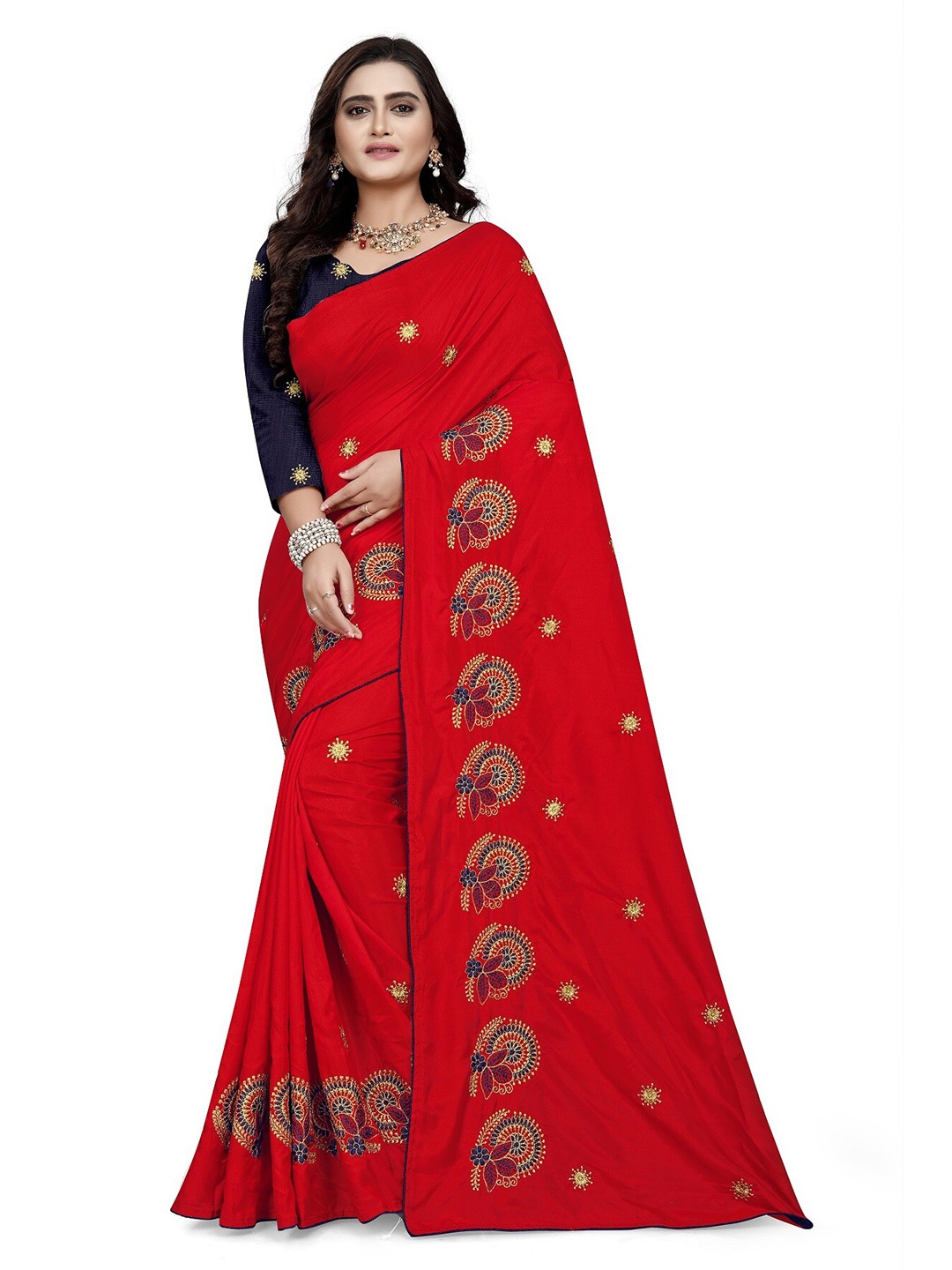 

KALINI Red & Blue Floral Embroidered Silk Blend Jamdani Saree