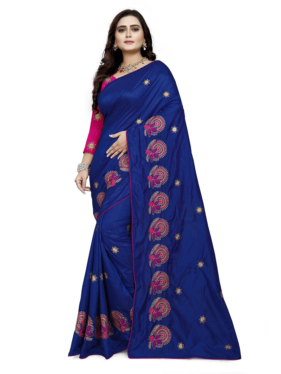 

KALINI Blue & Pink Floral Embroidered Silk Blend Jamdani Saree