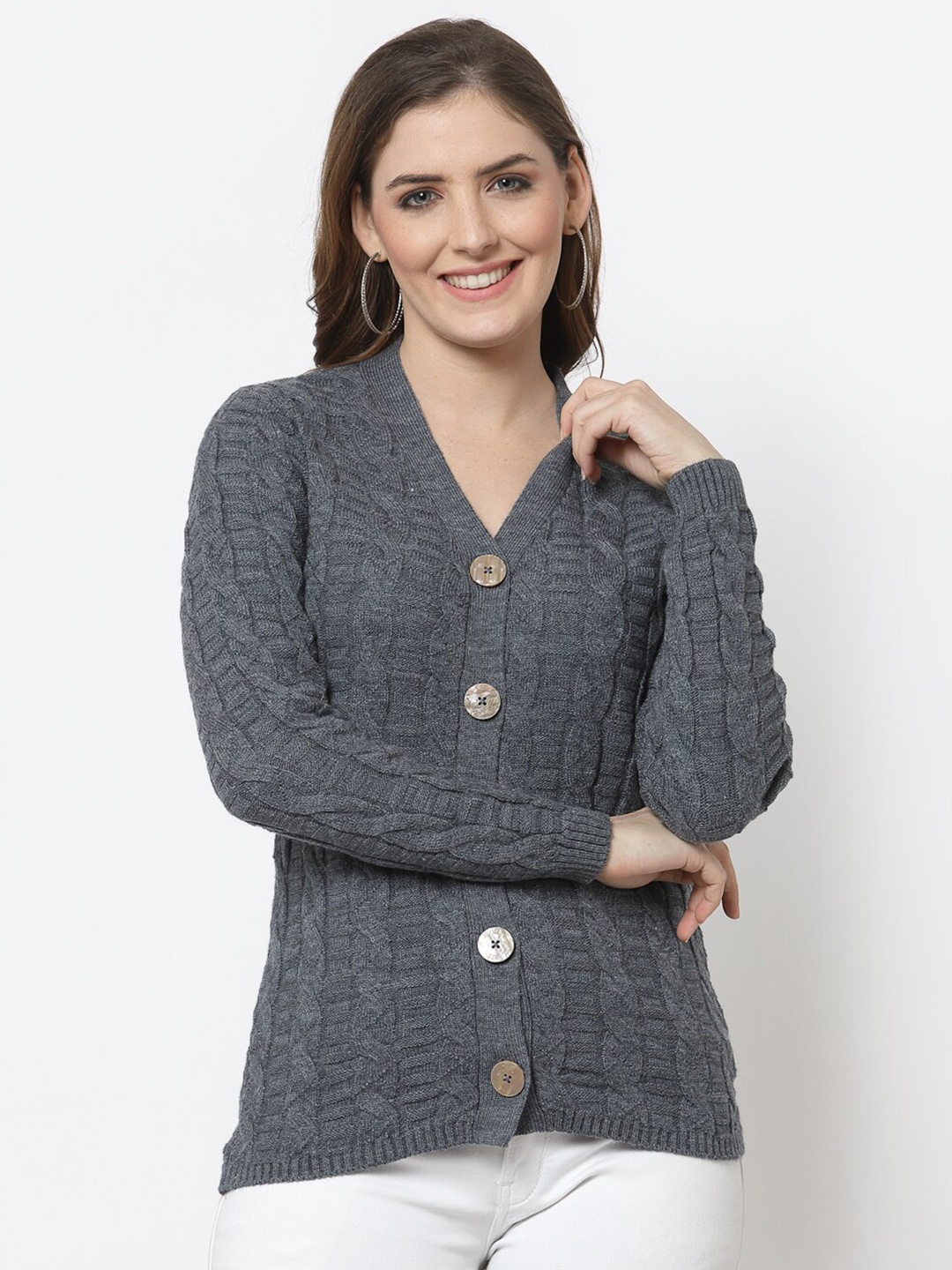 

Kalt Women Grey Melange & Brown Cable Knit Cardigan
