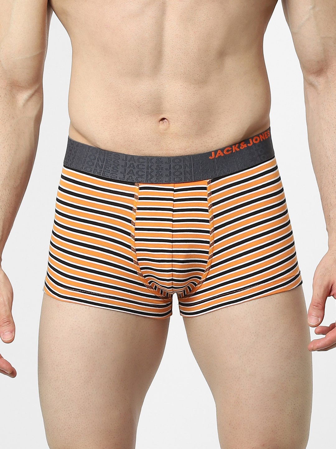 

Jack & Jones Men Orange-Colored & Black Striped Trunk 156330301