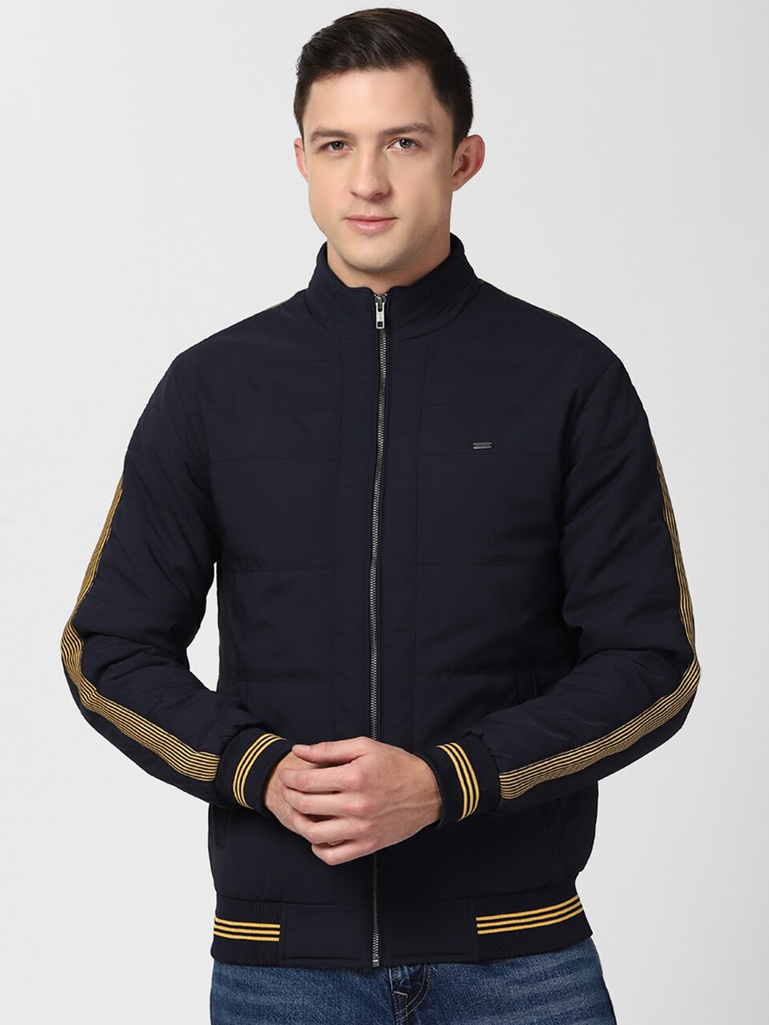

Peter England Casuals Men Navy Blue Padded Jacket with Patchwork