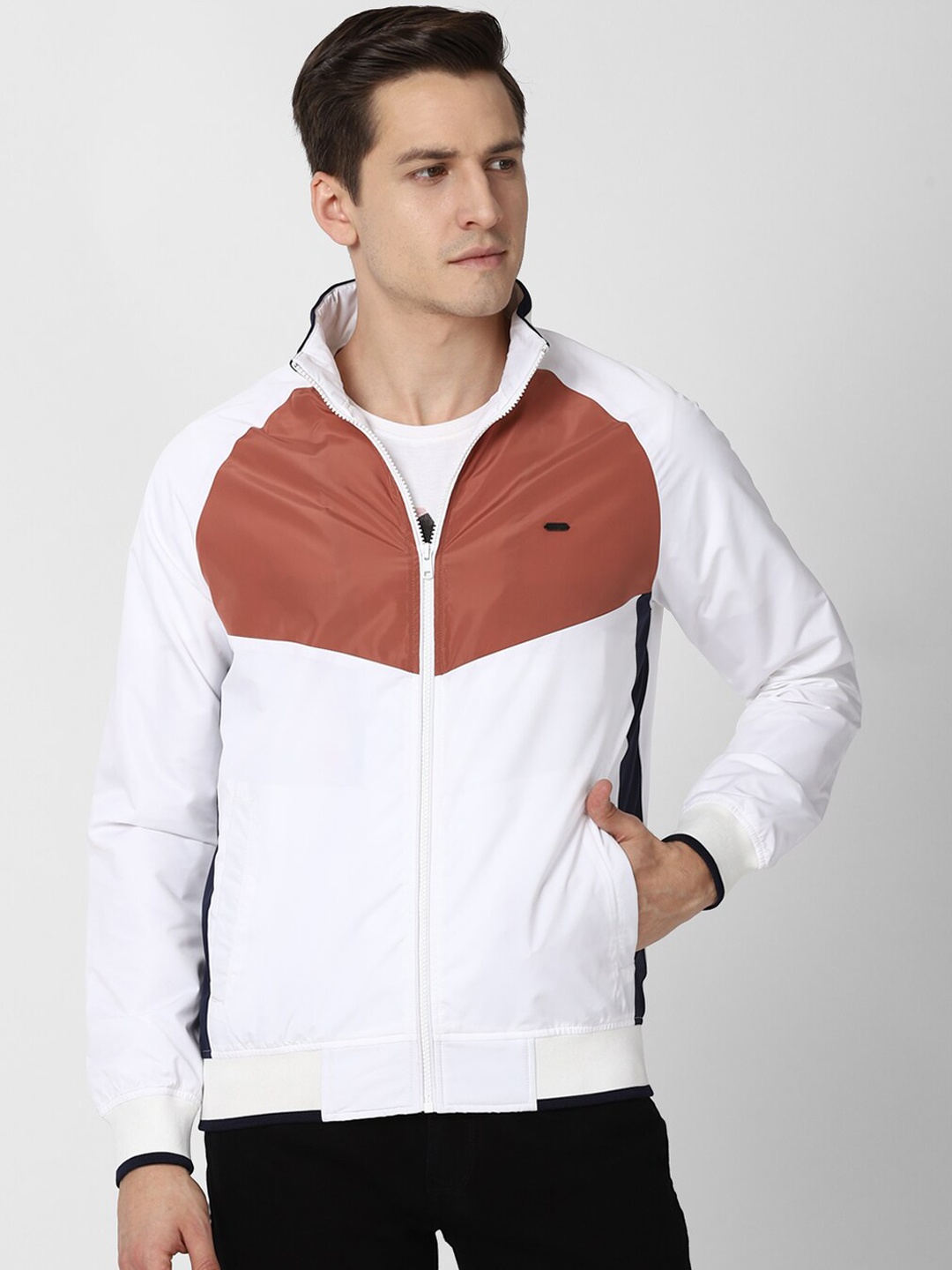 

Peter England Casuals Men White Colourblocked Longline Open Front Jacket