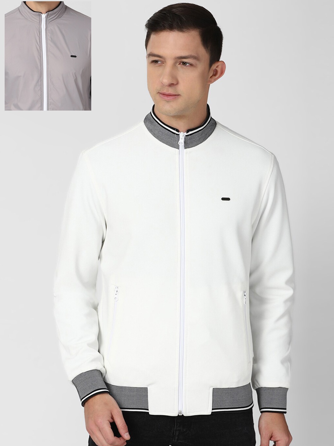 

Peter England Casuals Men Grey bright white Colourblocked Bomber with Embroidered Jacket