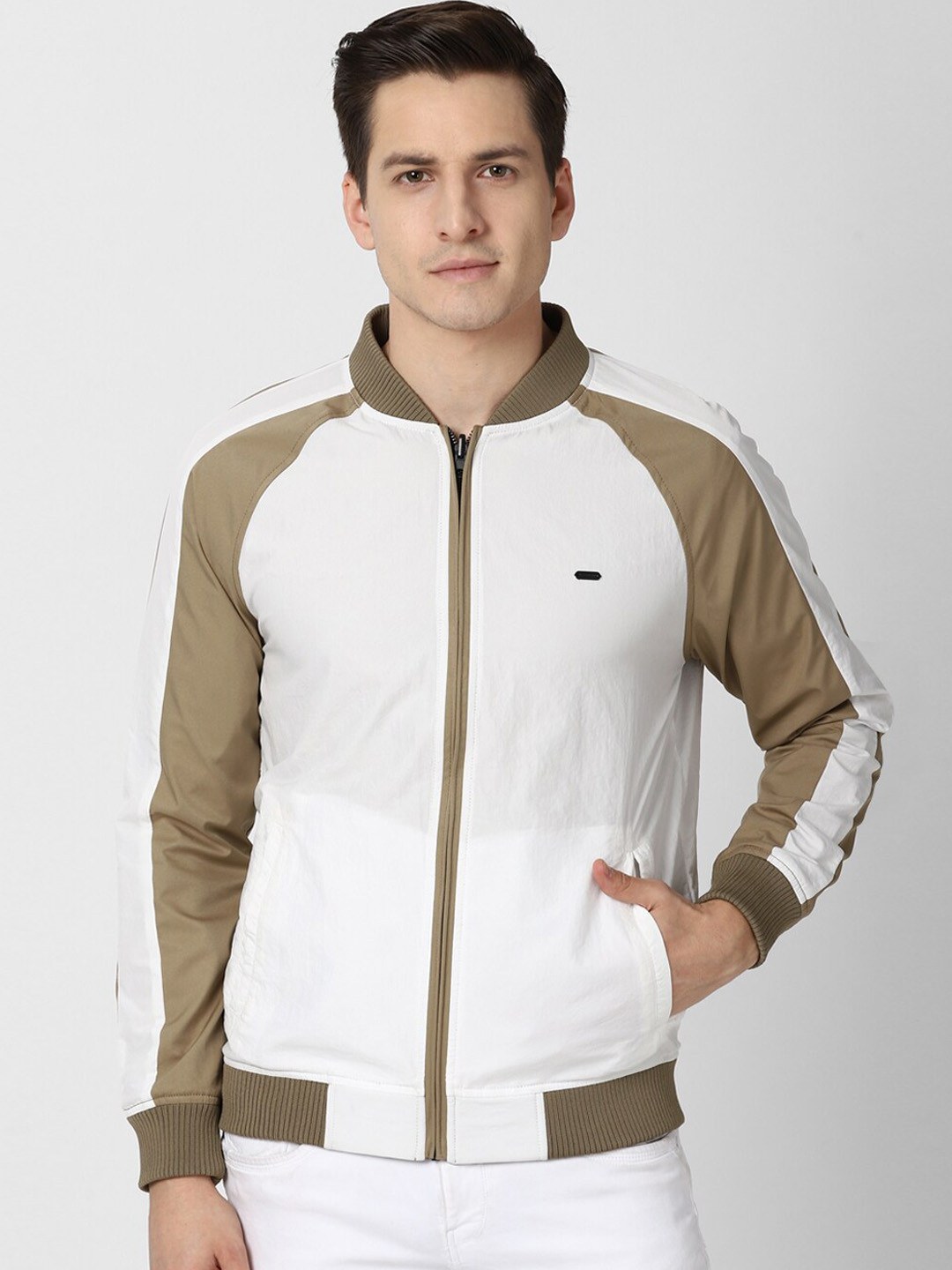 

Peter England Casuals Men White Colourblocked Longline Open Front Jacket