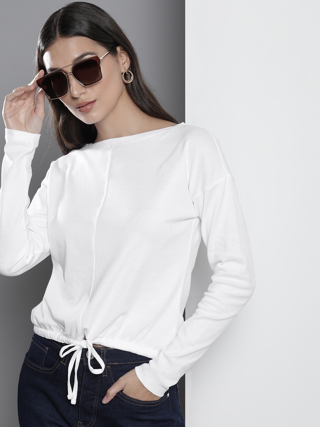 

Nautica Women White Solid Regular Top With Waist Tie-ups