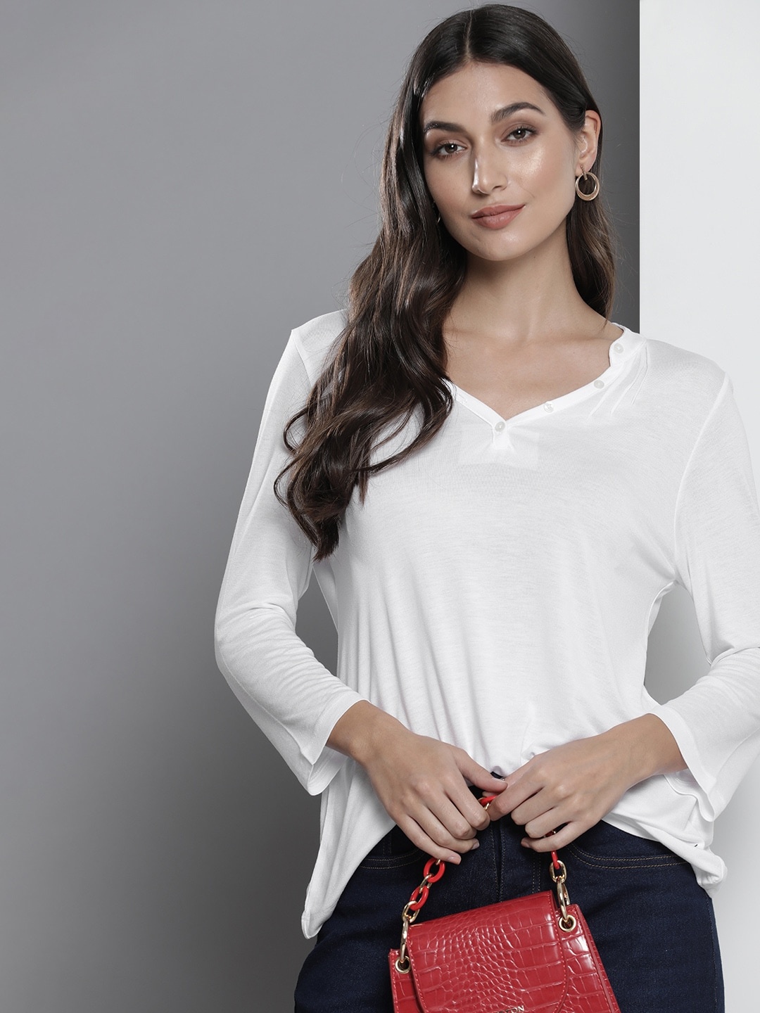 

Nautica Women White Solid Mandarin Collar Regular Top