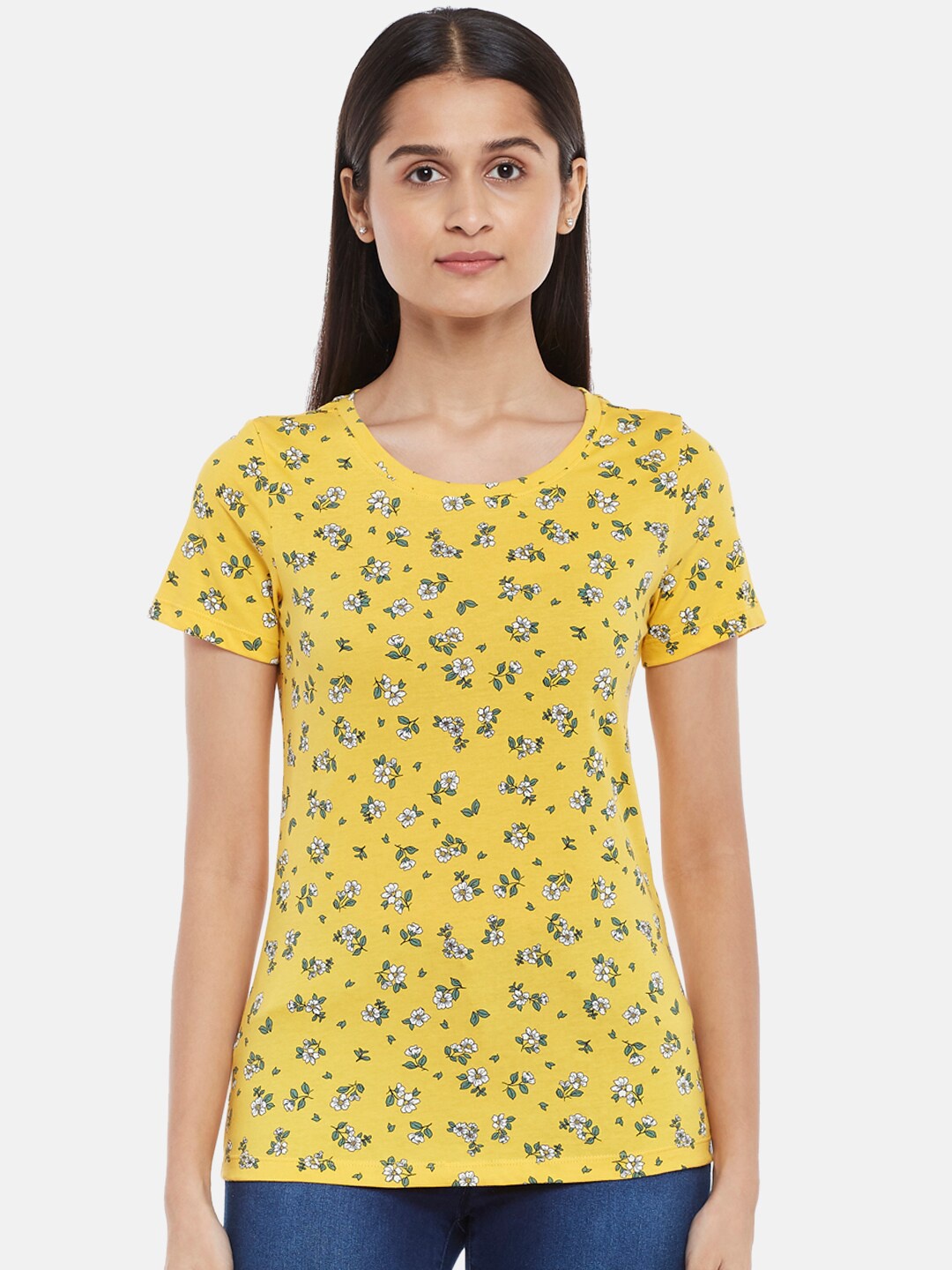 

Honey by Pantaloons Women Mustard Yellow & primrose yellow Floral Printed T-shirt