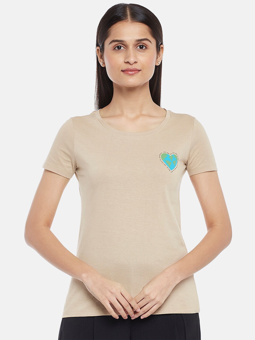 

Honey by Pantaloons Women Beige V-Neck Applique T-shirt
